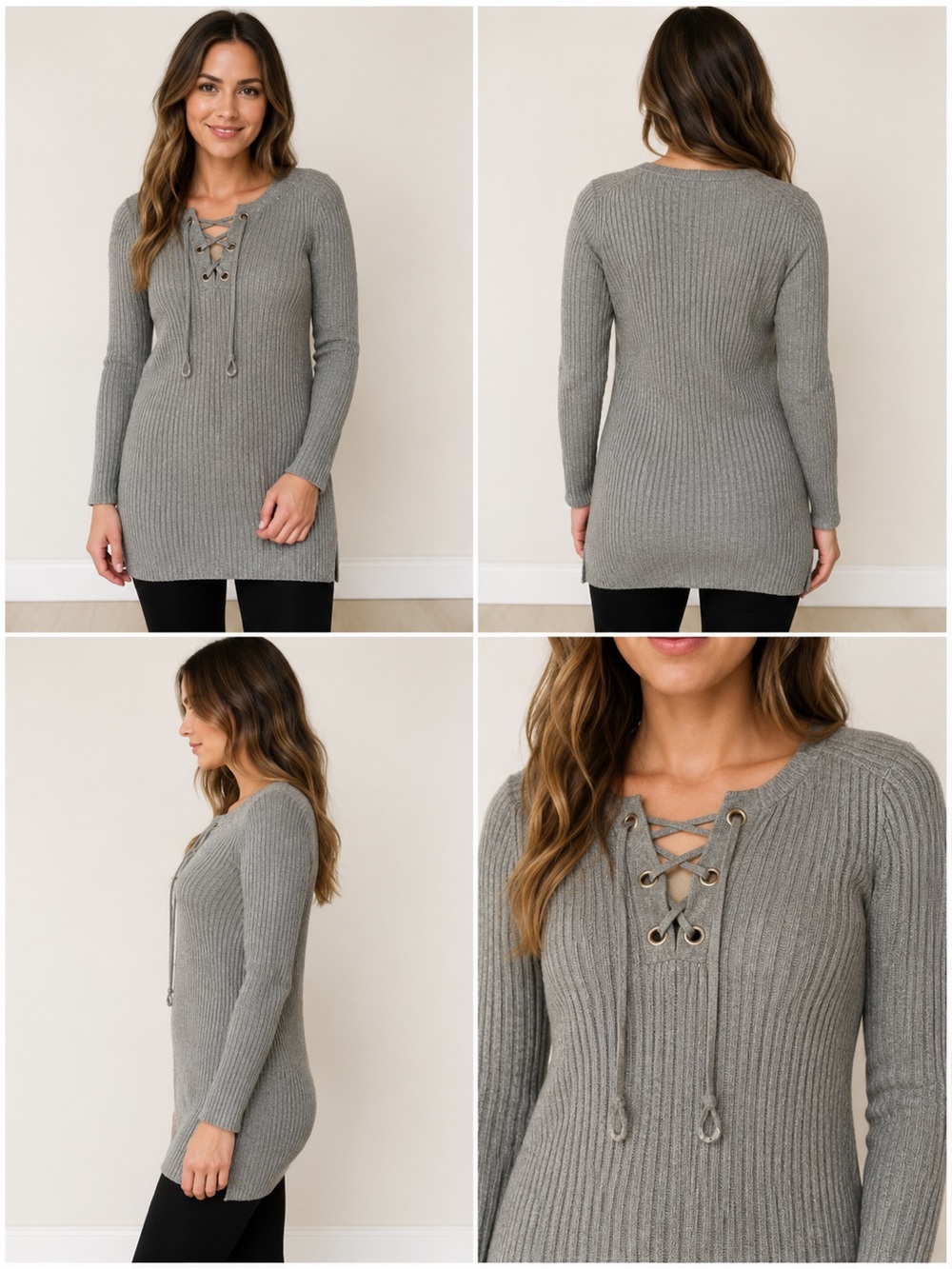 Michael Kors Lace Up Ribbed Sweater Tunic Gray Long Sleeve Womens XS
